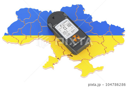 Ukrainian map with radiation dosimeter, 3D rendering Ukrainian map with radiation dosimeter, 3D rendering 104786286