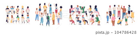 Audience back view. Behind crowd standing people group looking backside leader on rally event concert, human person stand-up or sit chair waiting meeting classy vector illustration Audience back view. Behind crowd standing people group looking backside leader on rally event concert, human person stand-up or sit chair waiting meeting classy vector illustration 104786428