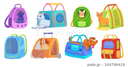 Pet carriers. Pets carriages for animal convenience in journey, travel crate of dog or cat traveller, portable container with cage plane transportation, decent vector illustration 104786429