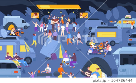 Night open air festival. Dance crowd people pop rock outdoor fest, nightlife park concert guitar musical band evening stage singer show outside party splendid vector illustration Night open air festival. Dance crowd people pop rock outdoor fest, nightlife park concert guitar musical band evening stage singer show outside party splendid vector illustration 104786444