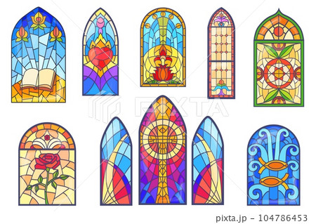 Church stained glass. Stain glasses window of gothic temple or europe cathedral, arc mosaic painted windows with cross roses heart 104786453