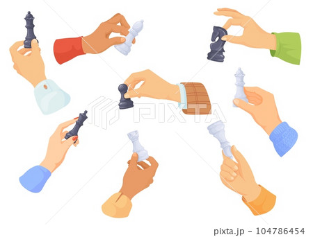 Hands holding chess pieces. Hand movement chessman, master with chessed figures of king pawn knight, thinking strategy tactic 104786454