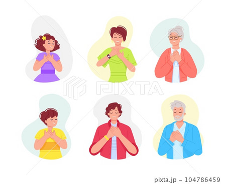 Grateful characters. Cartoon sincere people with thank you gesture of hands on chest, thankful young and old man or woman, smile kind kid gratitude expression vector illustration Grateful characters. Cartoon sincere people with thank you gesture of hands on chest, thankful young and old man or woman, smile kind kid gratitude expression vector illustration 104786459