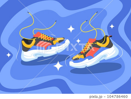 Athletic sneakers art. Pair fashion sneaker for run fitness trainer, sport shoe healthy marathon banner design authentic footwear basketball Athletic sneakers art. Pair fashion sneaker for run fitness trainer, sport shoe healthy marathon banner design authentic footwear basketball 104786460