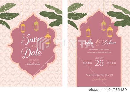 Indian Wedding Invitation and Save the date templates set. Exotic wedding theme with palms, lanterns 104786480