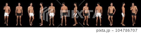 Collage of man in underwear on black background. Banner design 104786707