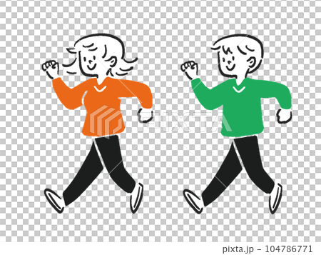 元気よく歩く男性と女性のゆるいイラスト 元気よく歩く男性と女性のゆるいイラスト 104786771