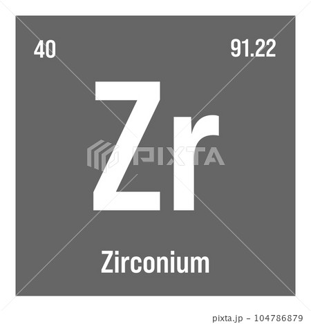 Zirconium, Zr, periodic table element with name, symbol, atomic number and weight. Transition metal with various industrial uses, such as in certain types of nuclear reactors, certain types of glass 104786879