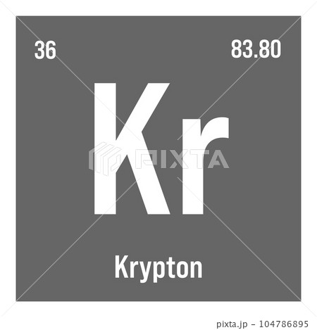 Krypton, Kr, periodic table element with name, symbol, atomic number and weight. Inert gas with various industrial uses, such as in lighting, lasers, and as a filling gas in certain types of Krypton, Kr, periodic table element with name, symbol, atomic number and weight. Inert gas with various industrial uses, such as in lighting, lasers, and as a filling gas in certain types of 104786895