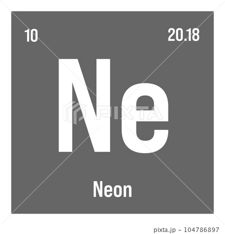 Neon, Ne, periodic table element with name, symbol, atomic number and weight. Inert gas with various industrial uses, such as in lighting, lasers, and as a filling gas in certain types of insulation. Neon, Ne, periodic table element with name, symbol, atomic number and weight. Inert gas with various industrial uses, such as in lighting, lasers, and as a filling gas in certain types of insulation. 104786897