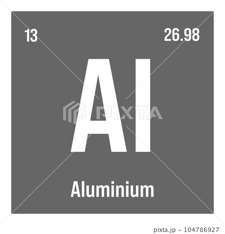 Aluminum, Al, periodic table element with name, symbol, atomic number and weight. Lightweight metal commonly used in construction, packaging, and transportation industries due to its strength and Aluminum, Al, periodic table element with name, symbol, atomic number and weight. Lightweight metal commonly used in construction, packaging, and transportation industries due to its strength and 104786927