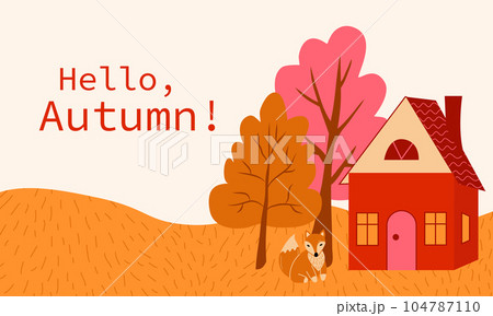 Autumn landscape with trees, fox and house. Countryside landscape. Hello Autumn background. Autumn landscape with trees, fox and house. Countryside landscape. Hello Autumn background. 104787110