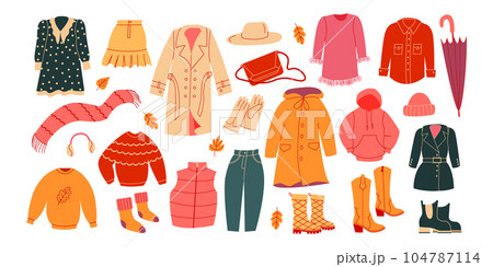 Women capsule autumn wardrobe. Casual clothes. Autumn, winter apparels, shoes and accessories. 104787114