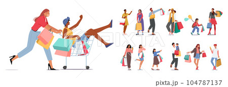 Set of Character Carrying Shopping Bags, Symbolizing Consumerism And Retail Therapy. People Purchasing Goods 104787137