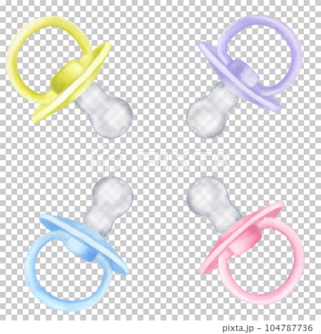 Set baby boy girl pacifier dummy. Pink blue violet green. Hand drawn watercolor illustration isolated on white background. Newborn, baby shower, gender reveal party Set baby boy girl pacifier dummy. Pink blue violet green. Hand drawn watercolor illustration isolated on white background. Newborn, baby shower, gender reveal party 104787736