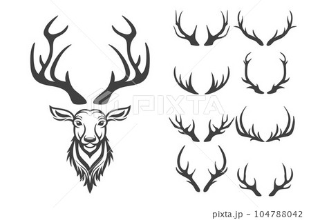 Vector Christmas Reindeer Horns, Antlers. Deer Horn Silhouettes. Hand Drawn Deers Horn, Antler Set. Animal Antler Collection. Design Elements of Deer. Wildlife Hunters, Hipster, Christmas Concept 104788042