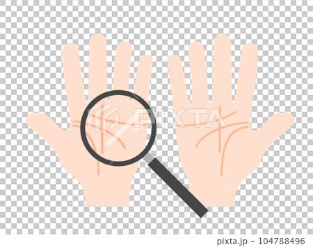 虫眼鏡と手のひらの手相占いをイメージしたイラスト 104788496