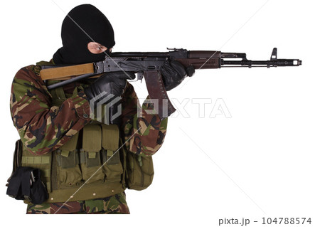 paramilitary soldier fire kalashnikov gun paramilitary soldier fire kalashnikov gun 104788574