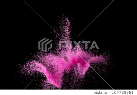 Pink Sand flying explosion, particle dot grain wave explode. Abstract cloud fly. Choky pink colored sand splash throwing in Air. Black background Isolated Pink Sand flying explosion, particle dot grain wave explode. Abstract cloud fly. Choky pink colored sand splash throwing in Air. Black background Isolated 104788861