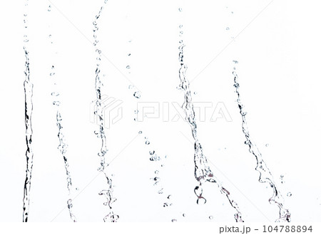 Shape form droplet of Water splashes into drop water line tube attack fluttering in air and stop motion freeze shot. Splash Water for texture graphic resource elements, White background isolated 104788894