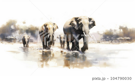 Generative AI, Serenity of the River: A Family of Elephants Bathing 104790030