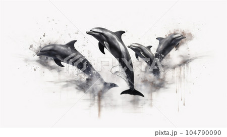 Generative AI, Graceful Leaps: Watercolor Drawing of Dolphins in Mid-Air 104790090