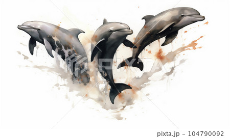 Generative AI, Graceful Leaps: Watercolor Drawing of Dolphins in Mid-Air 104790092