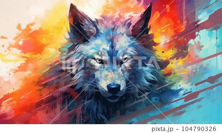 Generative AI, A dreamy, surreal wolf portrait with vibrant Generative AI, A dreamy, surreal wolf portrait with vibrant 104790326