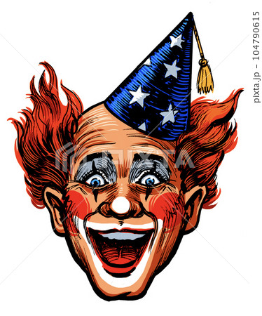 Happy clown face. Hand-drawn ink on paper and hand colored on tablet Happy clown face. Hand-drawn ink on paper and hand colored on tablet 104790615