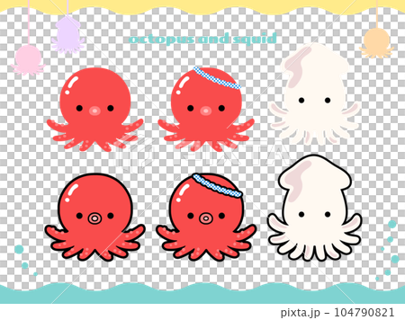 かわいいタコとイカのイラストセット 104790821