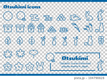 シンプルな画線のみのアイコンセット、日本の伝統行事お月見、画線青色 シンプルな画線のみのアイコンセット、日本の伝統行事お月見、画線青色 104790828