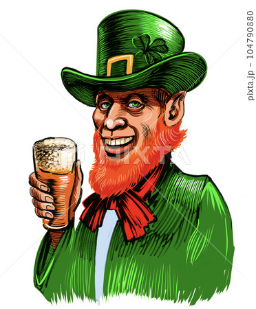 Irish leprechaun drinking a glass of beer. Hand-drawn ink on paper and hand colored on tablet Irish leprechaun drinking a glass of beer. Hand-drawn ink on paper and hand colored on tablet 104790880