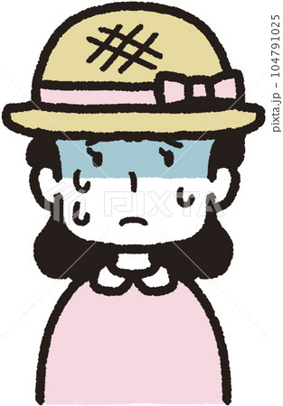 麦わら帽子をかぶって正面を向いて汗をたくさんかいて蒼褪めている女性の上半身イラスト 104791025