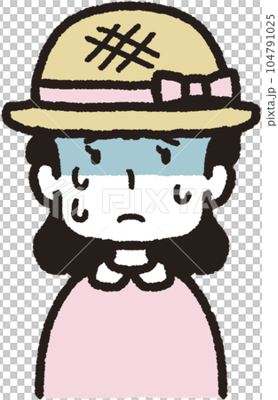 麦わら帽子をかぶって正面を向いて汗をたくさんかいて蒼褪めている女性の上半身イラスト 104791025
