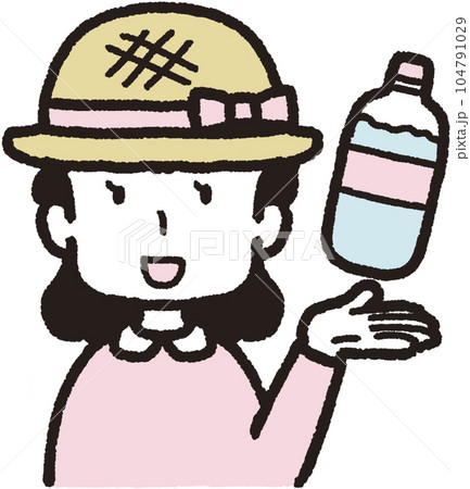 左手にペットボトルの水を掲げ、麦わら帽子をかぶって正面を向いて笑っている女性の上半身イラスト 左手にペットボトルの水を掲げ、麦わら帽子をかぶって正面を向いて笑っている女性の上半身イラスト 104791029