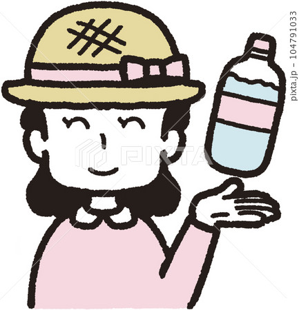 左手にペットボトルの水を掲げ、麦わら帽子をかぶって正面を向いて笑っている女性の上半身イラスト 104791033