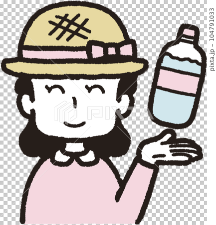 左手にペットボトルの水を掲げ、麦わら帽子をかぶって正面を向いて笑っている女性の上半身イラスト 104791033