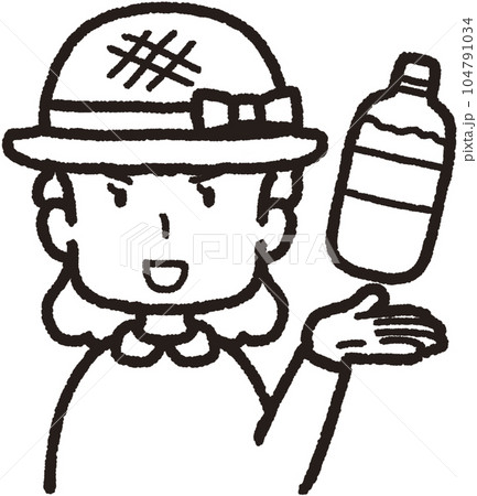 左手にペットボトルの水を掲げ、麦わら帽子をかぶって正面を向いてアピールする女性の上半身線イラスト 104791034