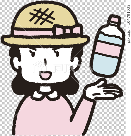 左手にペットボトルの水を掲げ、麦わら帽子をかぶって正面を向いてアピールしている女性の上半身イラスト 左手にペットボトルの水を掲げ、麦わら帽子をかぶって正面を向いてアピールしている女性の上半身イラスト 104791035