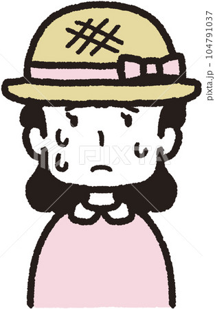麦わら帽子をかぶって正面を向いて汗をたくさんかいている女性の上半身イラスト 104791037