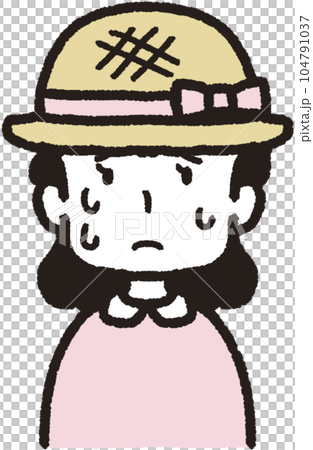 麦わら帽子をかぶって正面を向いて汗をたくさんかいている女性の上半身イラスト 104791037