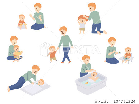 幼い子供の世話をする父親のイラスト 幼い子供の世話をする父親のイラスト 104791324