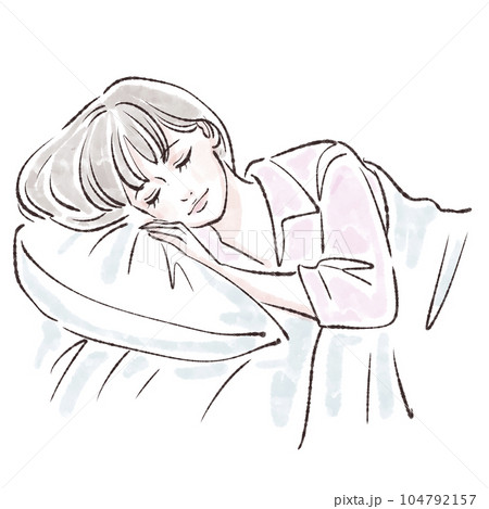 睡眠/寝る/眠り/ベッド/休息/眠い/枕/夢/不眠症/快眠/おやすみ/いびき/悩み/夢/女性のイラス 104792157