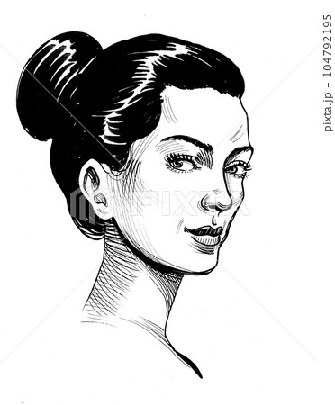 Beautiful woman face. Hand drawn black and white ink on paper drawing 104792195