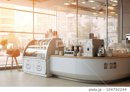 Minimal interior design coffee cafe bar shop with beige cozy tone style and with glossy ivory white round corner counter, coffee machinery, with Generative Ai. Minimal interior design coffee cafe bar shop with beige cozy tone style and with glossy ivory white round corner counter, coffee machinery, with Generative Ai. 104792244