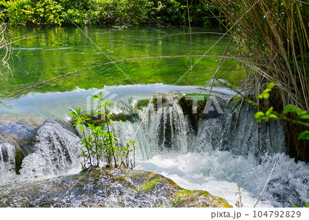 Beautiful Waterfall background. Beautiful Waterfall In Krka National Park - Croatia, Europe 104792829
