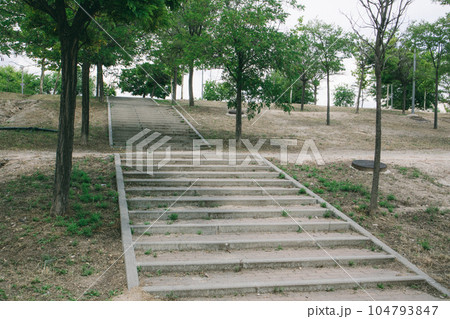 Stone steps leading up into depths of a park. A staircase among deciduous green trees. A stepping stone staircase without people. Square landscape. Ecology in the urban environment and greening. Stone steps leading up into depths of a park. A staircase among deciduous green trees. A stepping stone staircase without people. Square landscape. Ecology in the urban environment and greening. 104793847