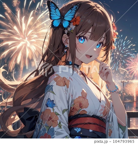 花火大会を満喫する青い蝶々の髪飾りを付けた女の子 花火大会を満喫する青い蝶々の髪飾りを付けた女の子 104793965