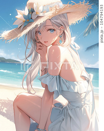 夏休みの思い出 海で遊ぶ女性のイラスト（Generative AI）のイラスト