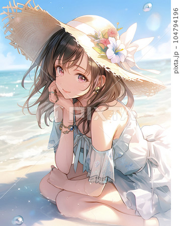 夏休みの思い出 海で遊ぶ女性のイラスト（Generative AI）のイラスト  